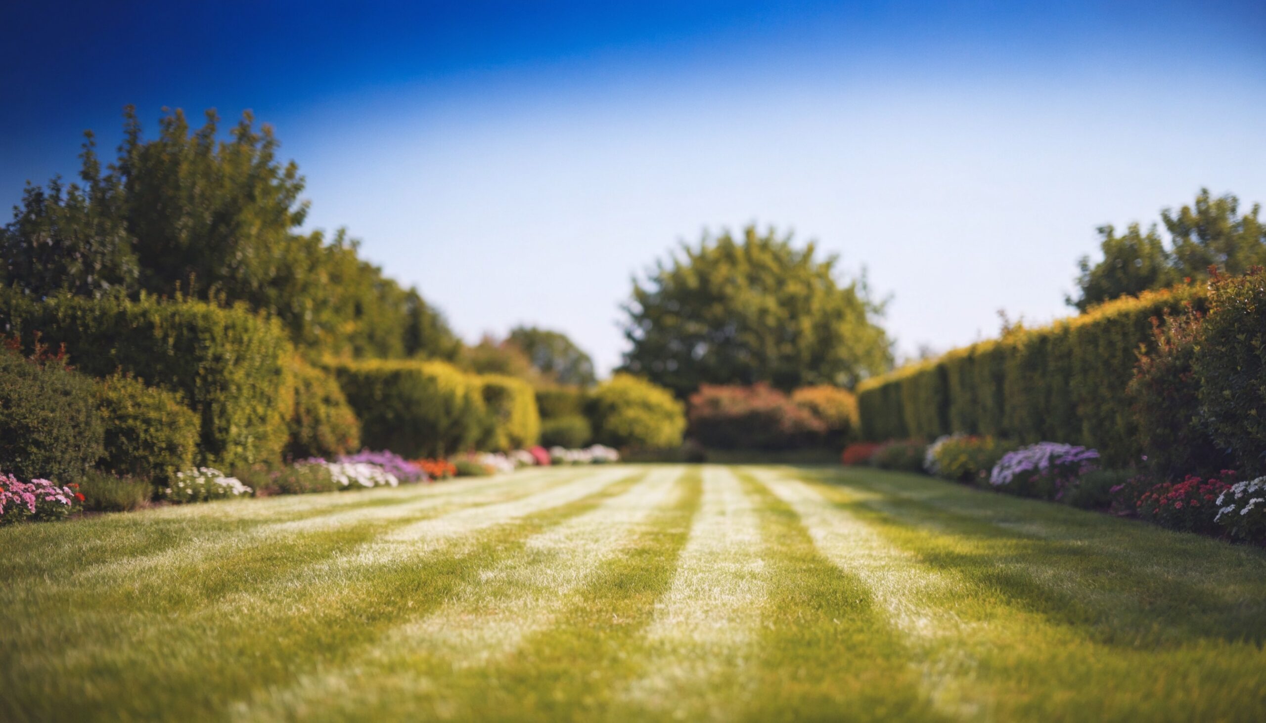 Frisch gemähter, gestreifter Garten-Rasen mit Hecken und Blumenbeeten