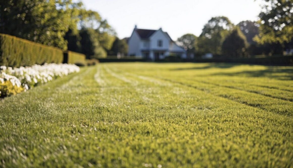 Gepflegter grüner Gartenrasen mit Mähstreifen an einer sonnigen Wiese