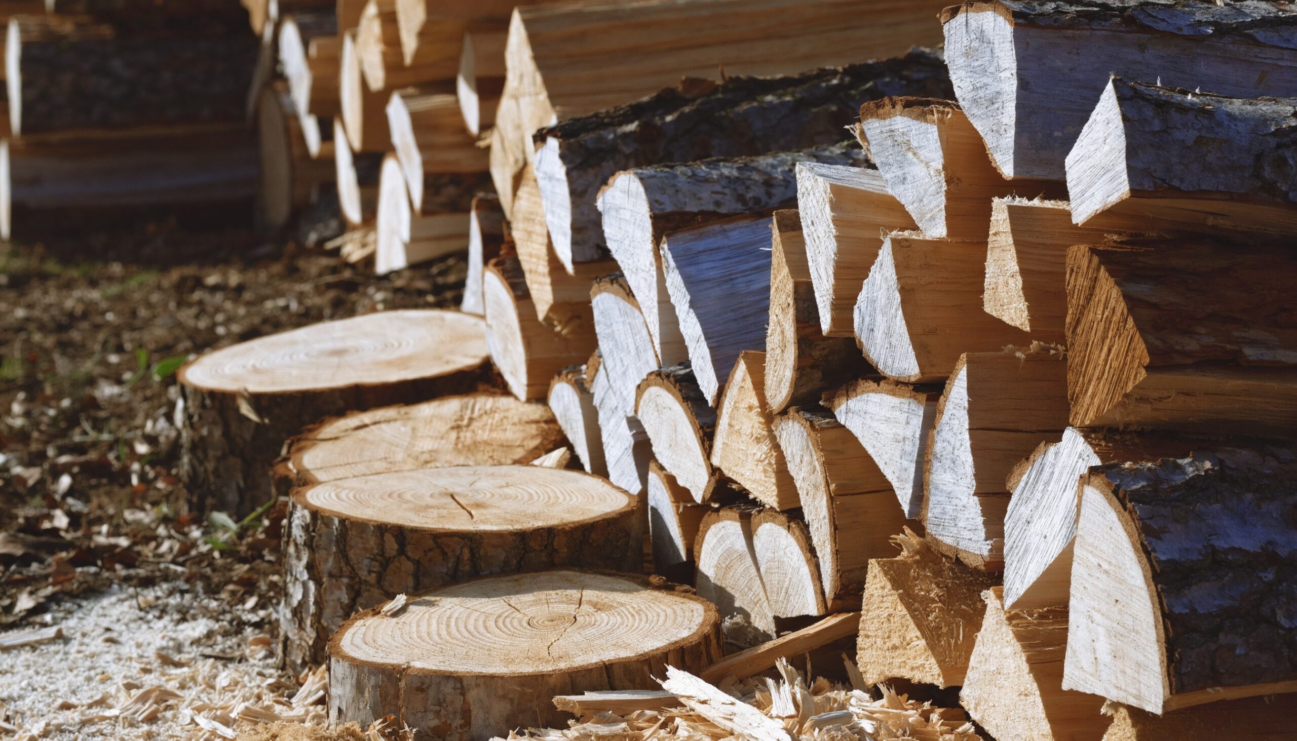 Frisch gespaltenes Brennholz mit Stammscheiben, Jahresringen und Sägespänen im Freien