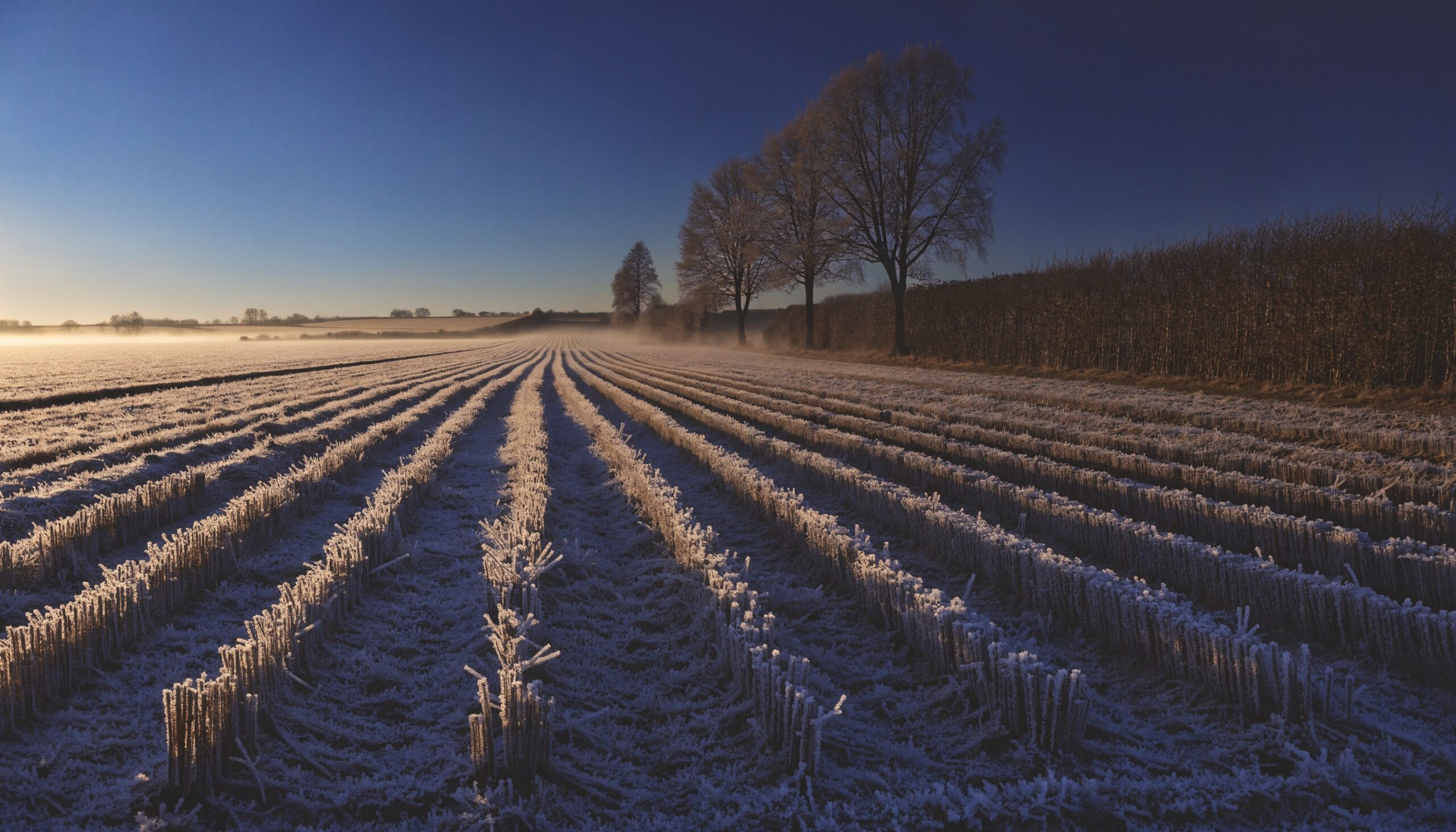 Raureif auf einem abgeernteten Feld an einem kalten Wintermorgen im Mostviertel