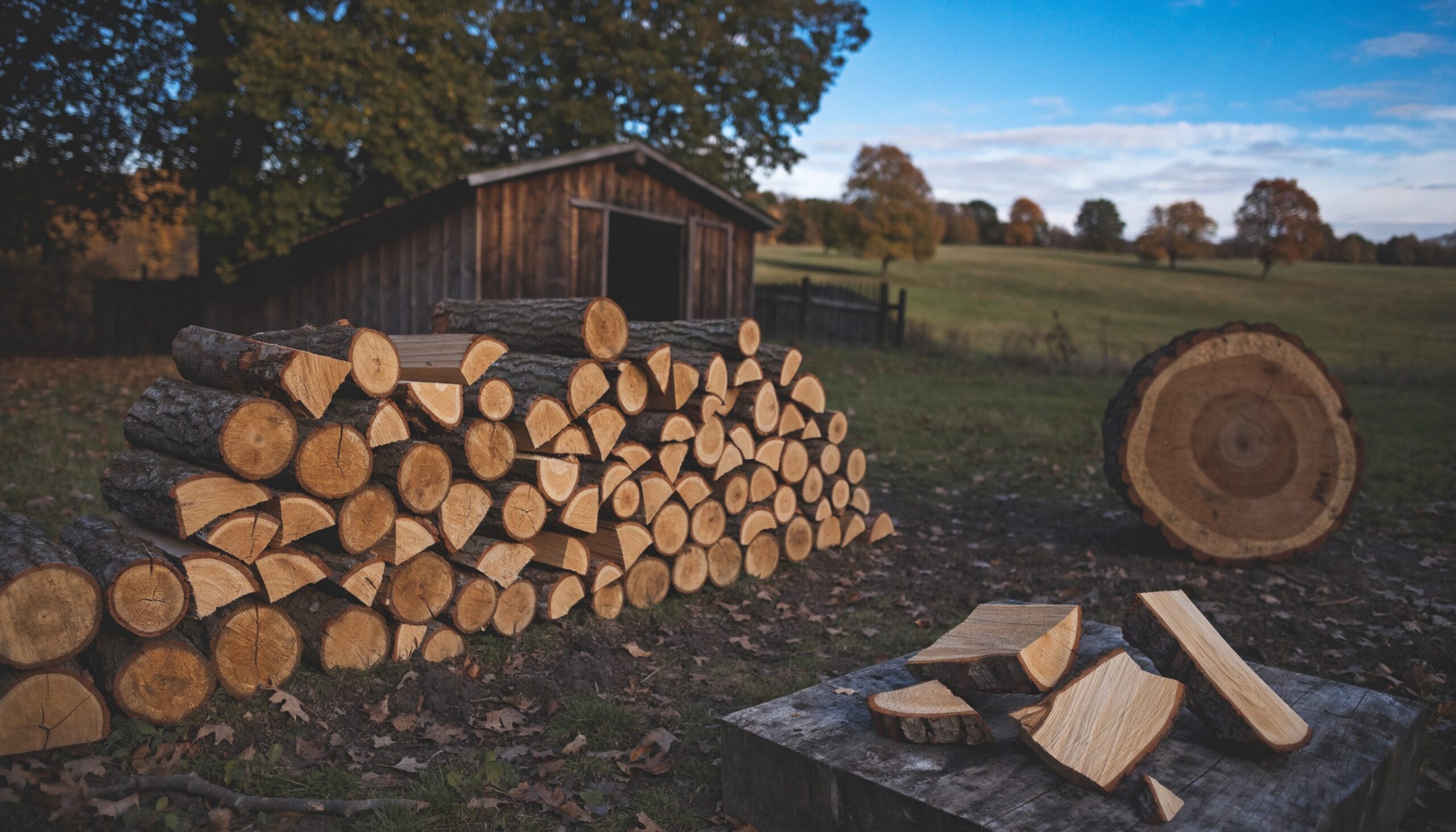 Holzspalter-Ratgeber: frisch gespaltenes Brennholz, aufgeschichtet neben einem Rundling im Herbst