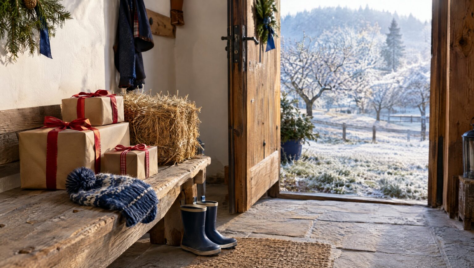 Trettraktor als Weihnachtsgeschenk: verpackte Geschenke mit roten Maschen neben einem Strohballen, Kindermütze und Gummistiefel im Eingang eines Bauernhauses, draußen ein verschneiter Obstgarten