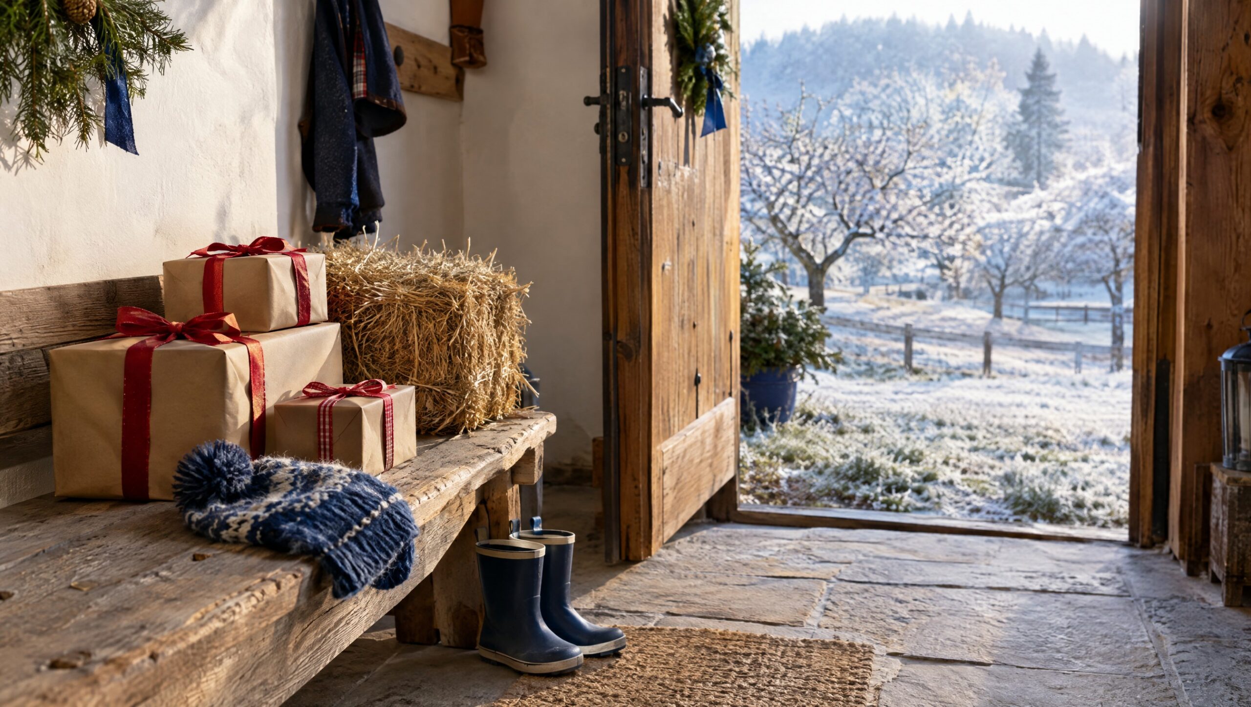 Trettraktor als Weihnachtsgeschenk: verpackte Geschenke mit roten Maschen neben einem Strohballen, Kindermütze und Gummistiefel im Eingang eines Bauernhauses, draußen ein verschneiter Obstgarten